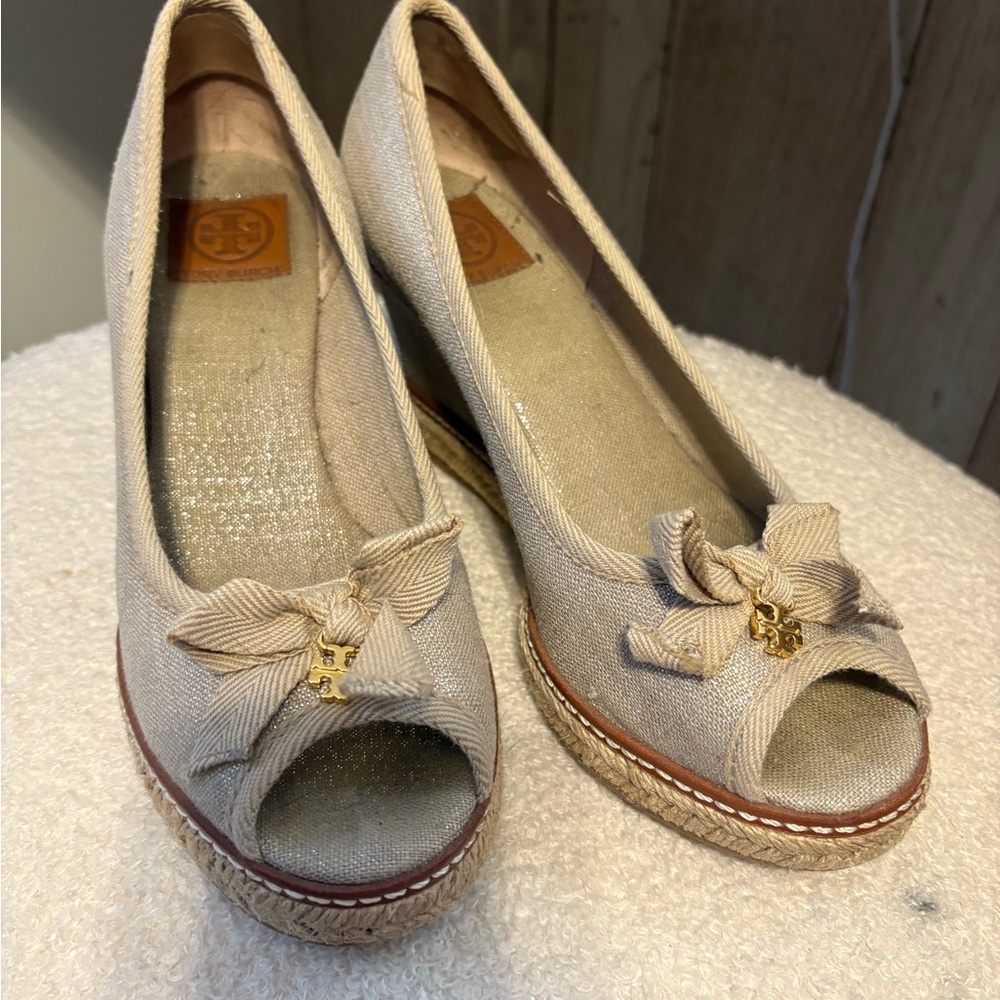 Tory Burch Cream Espadrille Peep-Toe Wedges